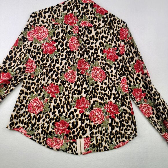 G By Guess Womens Leopard Floral Print Zip-Up Screw Buttons Cuff Blouse Small - Picture 6 of 8